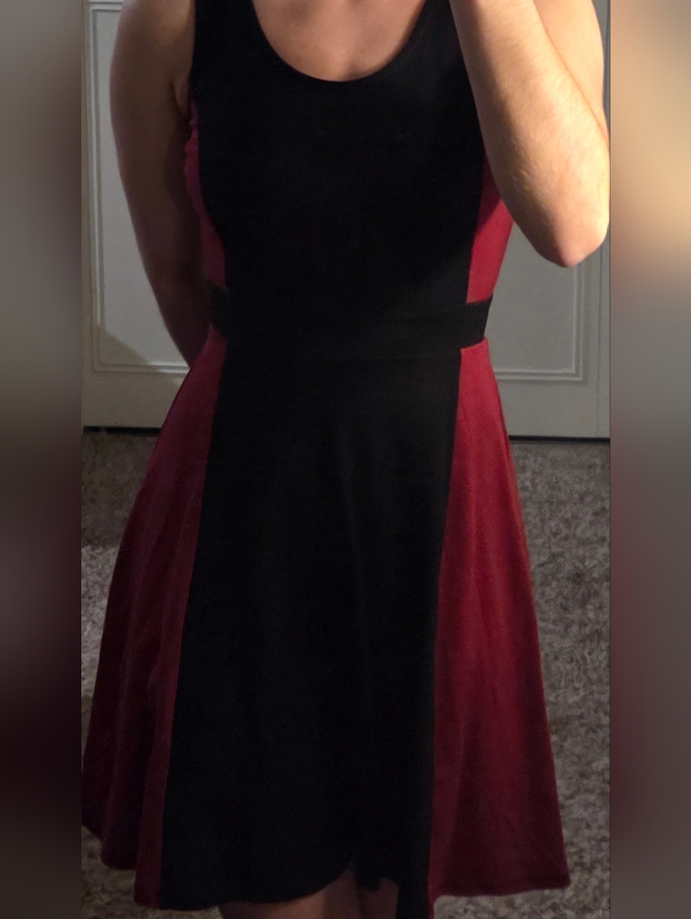 Derek Heart Black and Burgundy Color-Block Fit & Flare Midi Dress